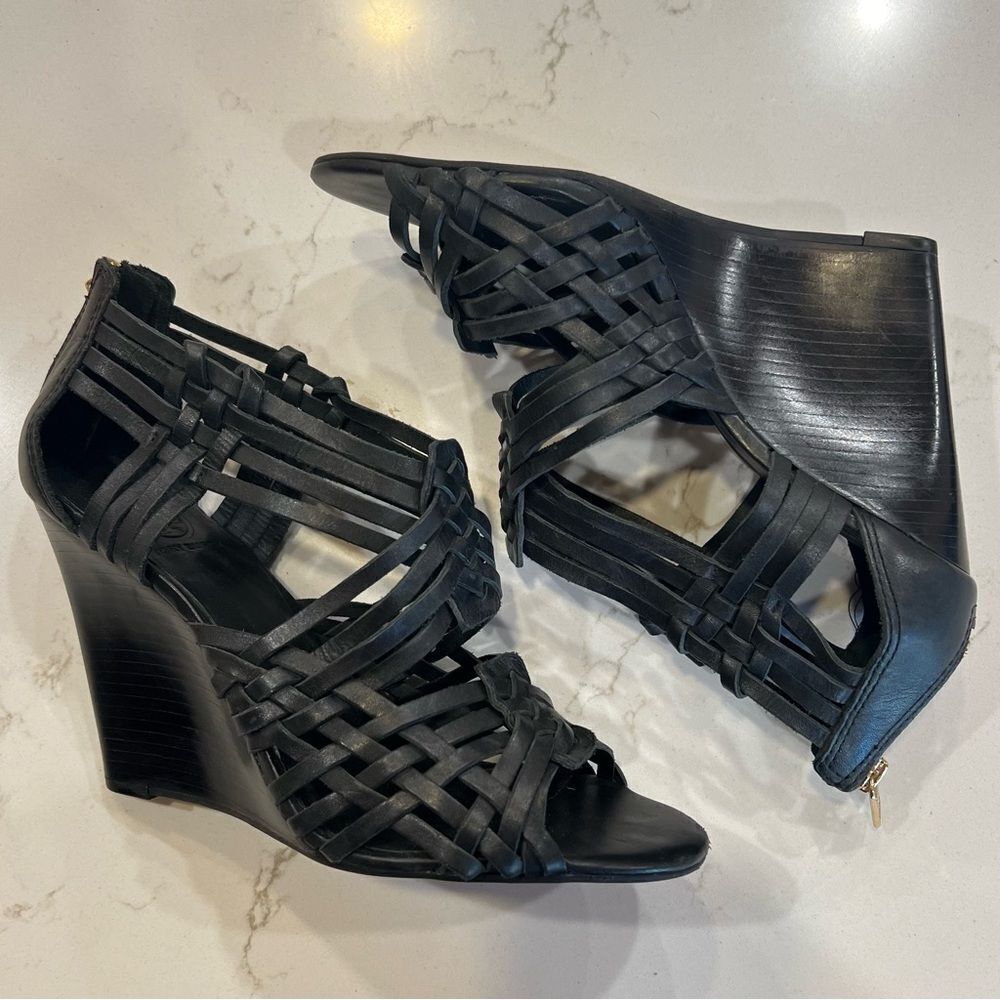 Tory Burch Black Leather Tevray Huarache Wedge Sandals - Picture 5 of 10